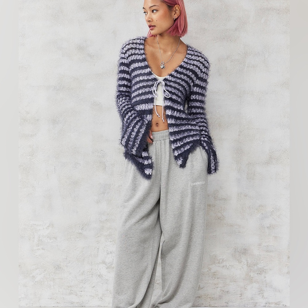 Urban Outfitters Gray & Black Fuzzy Striped Tie-Front Cardigan